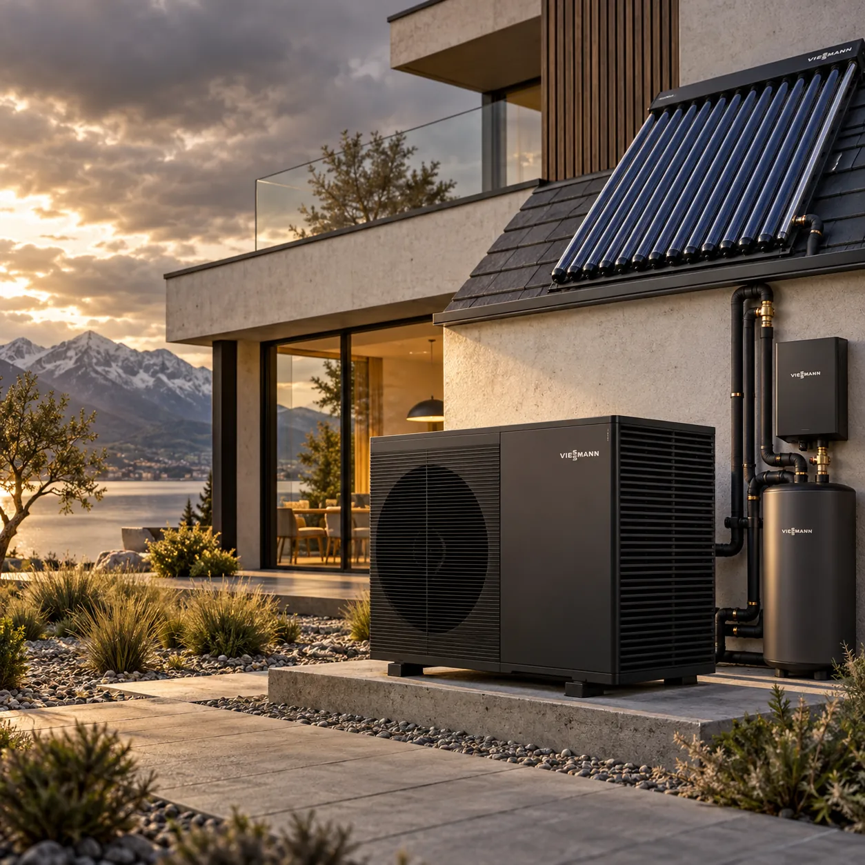 Ein modernes Haus mit Wärmepumpe und Solarmodulen auf dem Dach