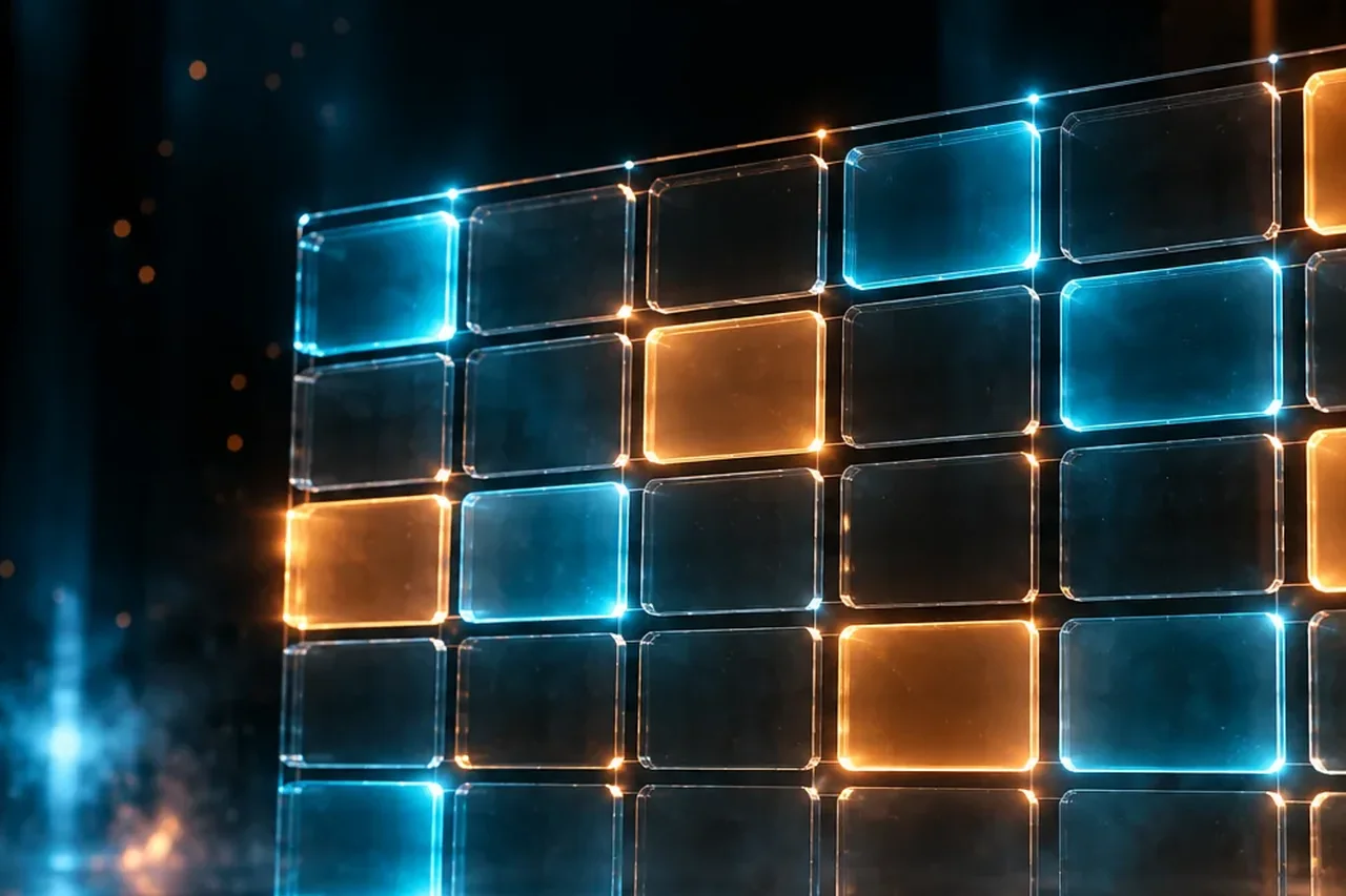 Una griglia di vetro fatta di piastrelle blu e ramate luminose su un pavimento scuro riflettente