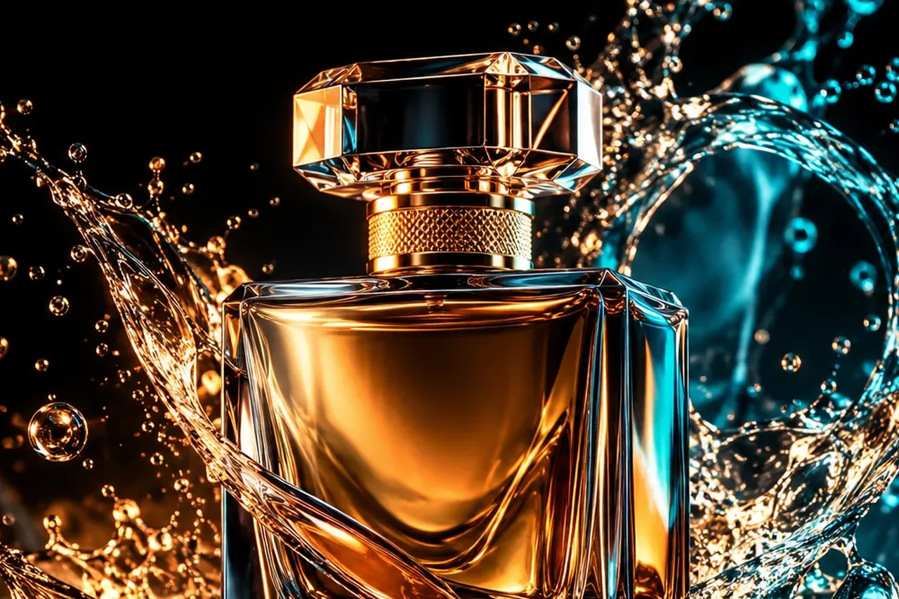Un flacone di profumo in vetro con tappo dorato e uno spruzzo d’acqua congelato in aria su sfondo nero