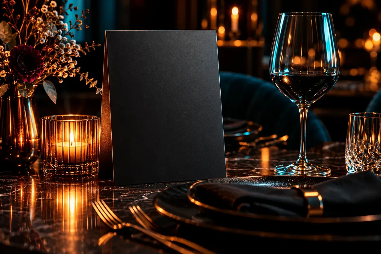 Un menu vuoto accanto a un calice di vino e a una candela su un tavolo scuro di ristorante con calda luce ramata