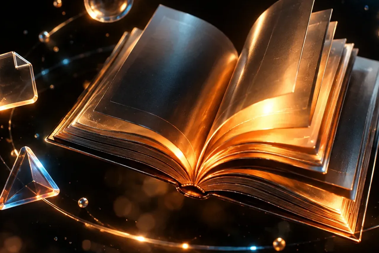 Un libro aperto con pagine dorate luminose su sfondo scuro