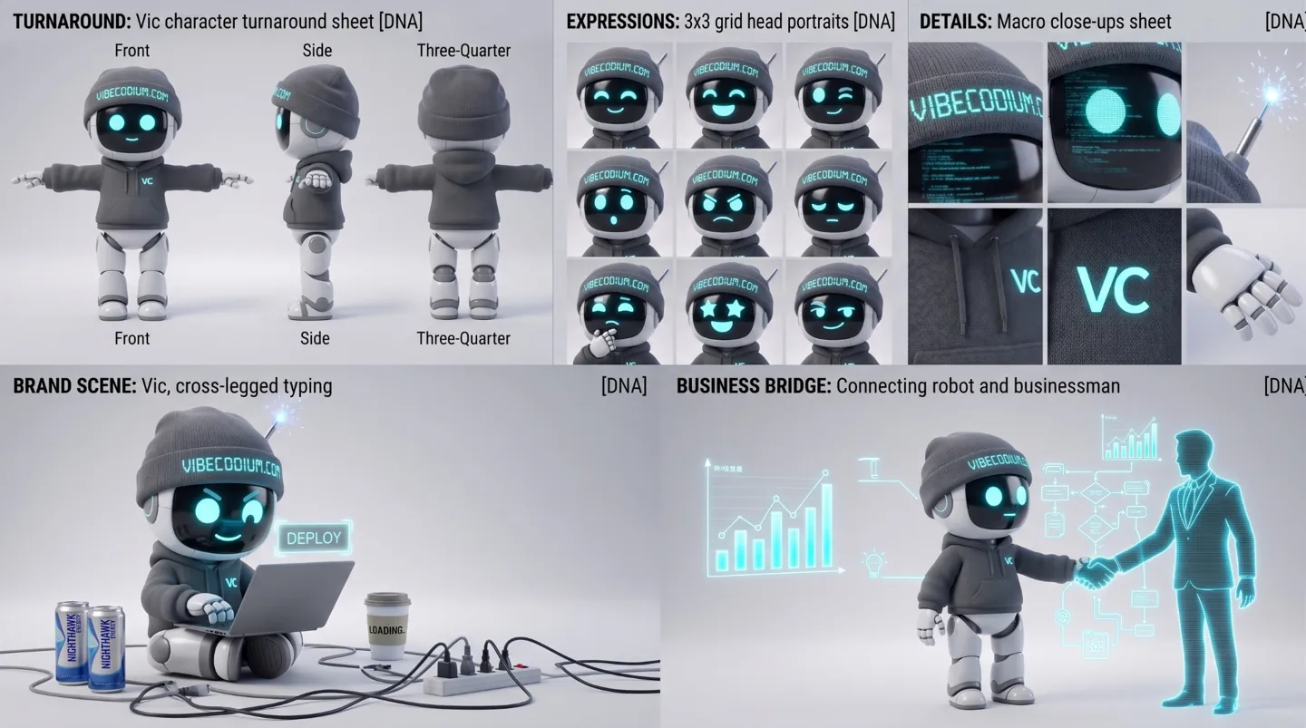 Charakterblatt von VIC, dem Roboter-Assistenten des Studios, in mehreren Posen